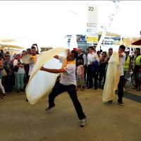 Foto Nicoloro G.  20/06/2015  Milano   Realizzata la pizza più lunga del mondo all' Expo 2015. nella foto esperti pizzaioli si esibiscono in esercizi di abilitÃ  con la pasta per le pizze.
