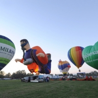 Foto Nicoloro G.  19/09/2010 Ferrara  Sesta edizione del ” Ferrara Balloons Festival 2010 “, festival internazionale delle mongolfiere. Organizzato dal Comune e dalla Provincia di Ferrara vanta equipaggi provenienti da diverse parti del mondo. Il cattivo tempo meteo aveva impedito nel giorno dell’ inaugurazione, il 17/09, il levarsi in aria delle mongolfiere e dei paramotori, ma oggi la manifestazione ha avuto il suo regolare svolgimento. nella foto Una serie di mongolfiere pronte per alzarsi in volo. Tra tutte si distingue una a forma di "action man"