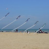 Foto Nicoloro G.  24/04/2015  Cervia ( Ravenna )   Si è aperto il 35° Festival Internazionale dell' Aquilone, uno fra i più famosi raduni al mondo di aquilonisti. Dal 24 aprile al 3 maggio animerà la spiaggia di Pinarella di Cervia con la partecipazione di 30 nazioni e lo Sri Lanka come ospite d' onore. nella foto alcuni aquiloni in volo.