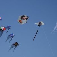 Foto Nicoloro G.  24/04/2015  Cervia ( Ravenna )   Si è aperto il 35° Festival Internazionale dell\' Aquilone, uno fra i più famosi raduni al mondo di aquilonisti. Dal 24 aprile al 3 maggio animerà la spiaggia di Pinarella di Cervia con la partecipazione di 30 nazioni e lo Sri Lanka come ospite d\' onore. nella foto alcuni aquiloni in volo.