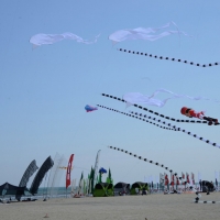 Foto Nicoloro G.  24/04/2015  Cervia ( Ravenna )   Si è aperto il 35° Festival Internazionale dell' Aquilone, uno fra i più famosi raduni al mondo di aquilonisti. Dal 24 aprile al 3 maggio animerà la spiaggia di Pinarella di Cervia con la partecipazione di 30 nazioni e lo Sri Lanka come ospite d' onore. nella foto alcuni aquiloni in volo.