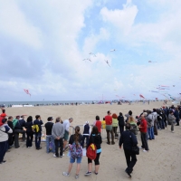edizione del ” Festival internazionale dell’ aquilone ” organizzata da Artevento e che ha ospitato aquilonisti provenienti da trenta paesi del mondo. Dal 22 aprile al 01 maggio la spiaggia di Pinarella di Cervia e’ stata la ” capitale dell’ aquilone ” con una altissima presenza di curiosi e appassionati nonostante la pioggia che ha spesso disturbato la manifestazione. nella foto Una folla di appassionati e curiosi assiste alla manifestazione