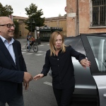 Foto Nicoloro G.   26/09/2021   Ravenna    Breve presenza in citta' della leader di Fratelli d' Italia a sostegno del candidato sindaco della lista civica Viva Ravenna sostenuto da Lega e Fratelli d' Italia. nella foto Giorgia Meloni e Filippo Donati candidato sindaco per la lista civica Viva Ravenna appoggiato da Lega e Fratelli d' Italia.