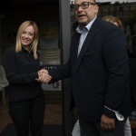 Foto Nicoloro G.   26/09/2021   Ravenna    Breve presenza in citta' della leader di Fratelli d' Italia a sostegno del candidato sindaco della lista civica Viva Ravenna sostenuto da Lega e Fratelli d' Italia. nella foto Giorgia Meloni e Filippo Donati candidato sindaco per la lista civica Viva Ravenna appoggiato da Lega e Fratelli d' Italia.