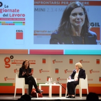 Foto Nicoloro G.  02/05/2014  Rimini     Aperta ufficialmente la tre giorni organizzata dalla CGIL " Giornate del Lavoro " tra incontri, concerti, dibattiti, idee. nella foto il presidente della Camera Laura Boldrini intervista dalla giornalista Natalia Aspesi sul tema " Donne e potere ".