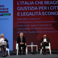 Foto Nicoloro G.  03/05/2014  Rimini      Seconda delle tre " Giornate del Lavoro " organizzate dalla CGIL, tra incontri, concerti, dibattiti, idee. nella foto da sinistra il presidente del Tribunale di Milano Livia Pomodoro, il giornalista Claudio Sardo, il presidente Arci Paolo beni e il segretario confederale CGIL Danilo Barbi.
