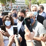 Foto Nicoloro G.   25/08/2021   Ravenna    Visita in citta' del presidente del M5S in vista delle amministrative di ottobre. nella foto Giuseppe Conte al suo arrivo in citta' tra strette di mano e selfie.