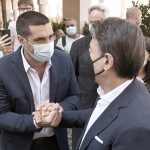 Foto Nicoloro G.   25/08/2021   Ravenna    Visita in citta\' del presidente del M5S in vista delle amministrative di ottobre. nella foto Giuseppe Conte si incontra in centro con il sindaco Michele de Pascale.