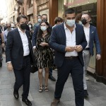 Foto Nicoloro G.   25/08/2021   Ravenna    Visita in citta\' del presidente del M5S in vista delle amministrative di ottobre. nella foto il presidente del M5S in citta\' per le amministrative di ottobre si e\' concesso una passeggiata per le vie del centro. Qui\' e\' con il sindaco Michele de Pascale che gli ha fatto da cicerone.