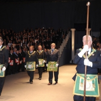 Foto Nicoloro G. 01/04/2011 Rimini Assemblea 2011 del Grande Oriente d’ Italia che riunisce tutte le Logge d’ Italia sul tema dell’ Unità d'Italia ” Dopo 150 anni per restare insieme”. nella foto Gustavo Raffi entra in assemblea preceduto da alcuni massoni che indossano e portano i segni della loggia