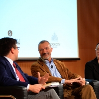 Foto Nicoloro G.   16/11/2014   Milano     Serata dedicata ai tre anni dell\' inserto domenicale del Corriere della Sera \" La Lettura \". nella foto lo scrittore spagnolo Arturo Perez-Reverte intervistato dal giornalista Paolo Beltramin e dietro la giovane traduttrice.