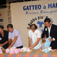 Foto Nicoloro G. 19/08/2010 Gatteo Mare (FC) Finale della sedicesima edizione di "Il babbo più bello d' Italia" tra sedici concorrenti che si contendono la palma di babbo più bello sfidandosi in simpatia, prestanza e prove di canto, preparazione di pasta fatta a mano o cambio del pannolino ad un bambolotto. nella foto Alcuni concorrenti durante una prova del concorso
