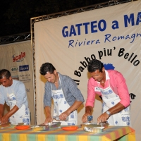 Foto Nicoloro G. 19/08/2010 Gatteo Mare (FC) Finale della sedicesima edizione di "Il babbo più bello d' Italia" tra sedici concorrenti che si contendono la palma di babbo più bello sfidandosi in simpatia, prestanza e prove di canto, preparazione di pasta fatta a mano o cambio del pannolino ad un bambolotto. nella foto Alcuni concorrenti durante una prova del concorso