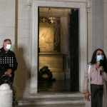 Foto Nicoloro G.   10/10/2020   Ravenna    Don Ciotti, presidente dell\' associazione antimafia \' Libera \', inaugura tre immobili confiscati alla mafia e assegnati al Comune di Ravenna. nella foto don Luigi Ciotti e l\' assessore Ouidad Bakkali davanti alla tomba di Dante.