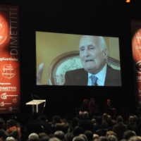 Foto Nicoloro G. 05/02/2011 Milano Manifestazione al Palasharp, per chiedere le dimissioni del premier Berlusconi, organizzata da Liberta' e Giustizia. nella foto L'intervento Video dell'ex Presidente della Repubblica Oscar Luigi Scalfaro
