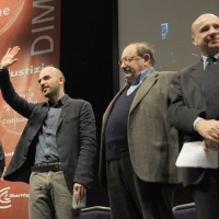 Foto Nicoloro G. 05/02/2011 Milano Manifestazione al Palasharp, per chiedere le dimissioni del premier Berlusconi, organizzata da Liberta' e Giustizia. nella foto Roberto Saviano – Umberto Eco – Gustavo Zagrebelsky
