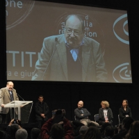 Foto Nicoloro G. 05/02/2011 Milano Manifestazione al Palasharp, per chiedere le dimissioni del premier Berlusconi, organizzata da Liberta' e Giustizia. nella foto L'intervento di Umberto Eco