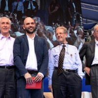 Foto Nicoloro G. 02/06/2013 Bologna Manifestazione in difesa della Costituzione organizzata da " Libertà e Giustizia " dal titolo " Non è cosa vostra ". nella foto Stefano Rodotà – Roberto Saviano – Salvatore Settis – Carlo Smuraglia 