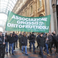 Foto Nicoloro G. 23/11/2011 Milano Manifestazione davanti a palazzo Marino degli operatori ortofrutticoli per l’ auspicata riqualificazione dell’ Ortomercato. nella foto Manifestanti e striscioni in Piazza della Scala