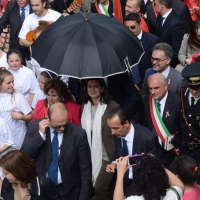 Foto Nicoloro G.   25/04/2014  Marzabotto ( Bologna )   Si celebra nella cittadina medaglia d' oro al Valore Militare la Festa della LIberazione con la partecipazione del presidente della Camera. nella foto il presidente della Camera Laura Boldrini si reca in corteo all' area del Memoriale sotto una leggera pioggia.