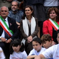 Foto Nicoloro G.   25/04/2014  Marzabotto ( Bologna )   Si celebra nella cittadina medaglia d' oro al Valore Militare la Festa della LIberazione con la partecipazione del presidente della Camera. nella foto il presidente della Camera Laura Boldrini assiste ad uno spettacolo degli alunni delle scuole medie di Marzabotto.