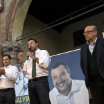 Foto Nicoloro G.   24/09/2021   Ravenna   Intervento del leader della Lega nella campagna elettorale per le amministrative del 3 e 4 ottobre 2021. nella foto da sinistra Jacopo Morrone, deputato e segretario della Lega Romagna, Matteo Salvini e Filippo Donati, candidato sindaco della lista civica Viva Ravenna appoggiato da Lega e FdI.