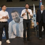Foto Nicoloro G.   24/09/2021   Ravenna   Intervento del leader della Lega nella campagna elettorale per le amministrative del 3 e 4 ottobre 2021. nella foto da sinistra Jacopo Morrone, deputato e segretario della Lega Romagna, Matteo Salvini e Filippo Donati, candidato sindaco della lista civica Viva Ravenna appoggiato da Lega e FdI.