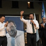Foto Nicoloro G.   24/09/2021   Ravenna   Intervento del leader della Lega nella campagna elettorale per le amministrative del 3 e 4 ottobre 2021. nella foto da sinistra Jacopo Morrone, deputato e segretario della Lega Romagna, Matteo Salvini e Filippo Donati, candidato sindaco della lista civica Viva Ravenna appoggiato da Lega e FdI.