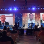 Foto Nicoloro G.   22/08/2020   Rimini    Quinta giornata del Meeting di CL 2020, che in questa edizione ha per titolo ' Privi di meraviglia, restiamo sordi al sublime '. nella foto in collegamento video, da sinistra, Sabino Cassese, Costituzionalista, Massimiliano Fedriga, governatore del Friuli Venezia Giulia, e Luca Zaia, governatore del Veneto.