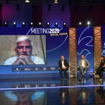 Foto Nicoloro G.   20/08/2020   Rimini  Terza giornata del Meeting di CL 2020, che in questa edizione ha per titolo ' Privi di meraviglia, restiamo sordi al sublime '. nella foto da sinistra Emmanuele Forlani, direttore Fondazione Meeting, Gianfranco Battisti, a.d. Ferrovie dello Stato, Andrea Corsini, assessore Regione Emilia-Romagna, la ministra Paola De Micheli,  Sergio Emidio Bini, assessore regione Friuli Venezia Giulia, e in collegamento video Giorgio Palmucci, presidente ENIT.