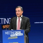 Foto Nicoloro G.   18/08/2020   Rimini  Giornata di apertura del Meeting di CL 2020, che in questa edizione ha per titolo ' Privi di meraviglia, restiamo sordi al sublime '. nella foto l' ex presidente della BCE Mario Draghi.