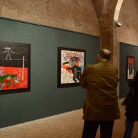 Foto Nicoloro G. 16/03/2013 Lugo di Romagna ( Ravenna ) Inaugurazione della mostra di pittura dal titolo ” Opere sacre di sabotaggio ” dell’ artista Gian Ruggero Manzoni che torna ad esporre, dopo cinque anni di assenza, nella sua città e nella prestigiosa sede delle ex Pescherie della Rocca. nella foto Quadri in esposizione