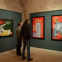Foto Nicoloro G. 16/03/2013 Lugo di Romagna ( Ravenna ) Inaugurazione della mostra di pittura dal titolo ” Opere sacre di sabotaggio ” dell’ artista Gian Ruggero Manzoni che torna ad esporre, dopo cinque anni di assenza, nella sua città e nella prestigiosa sede delle ex Pescherie della Rocca. nella foto Quadri in esposizione