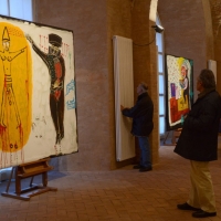 Foto Nicoloro G. 16/03/2013 Lugo di Romagna ( Ravenna ) Inaugurazione della mostra di pittura dal titolo ” Opere sacre di sabotaggio ” dell’ artista Gian Ruggero Manzoni che torna ad esporre, dopo cinque anni di assenza, nella sua città e nella prestigiosa sede delle ex Pescherie della Rocca. nella foto Quadri in esposizione