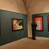 Foto Nicoloro G. 16/03/2013 Lugo di Romagna ( Ravenna ) Inaugurazione della mostra di pittura dal titolo ” Opere sacre di sabotaggio ” dell’ artista Gian Ruggero Manzoni che torna ad esporre, dopo cinque anni di assenza, nella sua città e nella prestigiosa sede delle ex Pescherie della Rocca. nella foto Quadri in esposizione