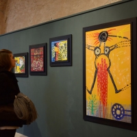 Foto Nicoloro G. 16/03/2013 Lugo di Romagna ( Ravenna ) Inaugurazione della mostra di pittura dal titolo ” Opere sacre di sabotaggio ” dell’ artista Gian Ruggero Manzoni che torna ad esporre, dopo cinque anni di assenza, nella sua città e nella prestigiosa sede delle ex Pescherie della Rocca. nella foto Quadri in esposizione