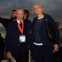 Foto Nicoloro G.  02/09/2014   Ravenna   Nona edizione dell\' IDBF,  Campionati Mondiali per club di di Dragon Boat. Partecipano 27 nazioni, 5300 atleti, 129 club che gareggeranno  nelle tre categorie Open maschili, femminili e misti. nella foto il presidente della Federazione Internazionale Dragon Boat Mike Haslam e la campionessa olimpica di canoa Josefa Idem.