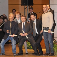 Foto Nicoloro G. Milano 07/12/2010 Edizione 2010 dell’ Ambrogino d’ oro, manifestazione che premia con ” civiche benemerenze ” semplici cittadini, associazioni, professionisti, artisti meritevoli.  nella foto Letizia Moratti – il trio "Aldo, Giovanni e Giacomo" – Manfredi Palmeri