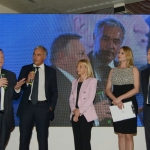 Foto Nicoloro G.   03/05/2019   Milano Marittima ( Ra )   Quattordicesima edizione del Premio internazionale al giornalismo ' Antonio Batani '. nella foto da sinistra Giovanni Martinelli, Massimo Giletti, Paola Batani, Anna Falchi e Ruben Razzante.