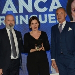Foto Nicoloro G.   03/05/2019   Milano Marittima ( Ra )   Quattordicesima edizione del Premio internazionale al giornalismo ' Antonio Batani '. nella foto Bianca Berlinguer premiata dal presidente della Regione Emilia-Romagna Stefano Bonaccini. a sinistra, e dal gioielliere Carlo Bartorelli.