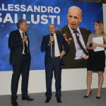 Foto Nicoloro G.   03/05/2019   Milano Marittima ( Ra )   Quattordicesima edizione del Premio internazionale al giornalismo ' Antonio Batani '. nella foto al centro il giornalista premiato Alessandro Sallusti tra Massimo Giletti e Anna Falchi che hanno condotto la serata.