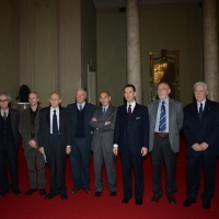 Foto Nicoloro G.  01/12/2013  Ravenna   Quarantaduesima edizione del " Premio Guidarello per il Giornalismo d' Autore "  organizzato dalla Confindustria Ravenna. nella foto il gruppo dei vincitori con Bruno Vespa e Guido Ottolenghi.