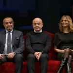 Foto Nicoloro G.   23/11/2019   Ravenna    48° edizione del \' Premio Guidarello per il giornalismo d\' autore \' organizzato da Confindustria Romagna. nella foto tre premiati, al centro il comico Paolo Cevoli tra i giornalisti Franco Di Mare e Francesca Fialdini.