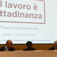 Foto Nicoloro G. 12/11/2013 Milano Incontro e dibattito sul tema ” Il lavoro è cittadinanza ” con la partecipazione del ministro per l’ Integrazione Cècile Kyenge. nella foto Antonio Mastrapasqua – Cècile Kyenge – Giuseppe Guzzetti  
