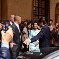 Foto Nicoloro G. 30/10/2013 Bologna Il leader dell’ opposizione birmana Aung San Suu Kyi ospite della città di Bologna per ricevere la cittadinanza onoraria in Comune e la laurea honoris causa in Università. nella foto Aung San Suu Kyi 