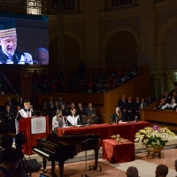 Foto Nicoloro G. 30/10/2013 Bologna Il leader dell’ opposizione birmana Aung San Suu Kyi ospite della città di Bologna per ricevere la cittadinanza onoraria in Comune e la laurea honoris causa in Università. nella foto L'aula magna durante il discorso del Rettore