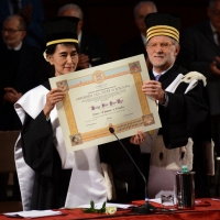 Foto Nicoloro G. 30/10/2013 Bologna Il leader dell’ opposizione birmana Aung San Suu Kyi ospite della città di Bologna per ricevere la cittadinanza onoraria in Comune e la laurea honoris causa in Università. nella foto Aung San Suu Kyi – Ivano Dionigi 