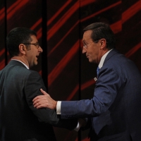 Foto Nicoloro G. 09/12/2012 Milano Trasmissione televisiva su Rai3 ” Che tempo che fa ” condotta da Fabio Fazio. nella foto Fabio Fazio – Gianfranco Fini