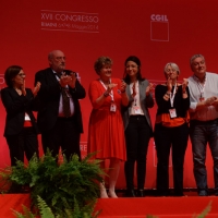 Foto Nicoloro G.  08/05/2014  Rimini  Terza e conclusiva giornata del 17° Congresso della CGIL. nella foto Susanna Camusso tra altri dirigenti CGIL alla fine del suo intervento.