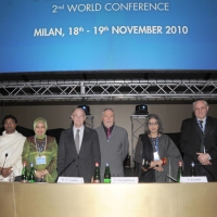 Foto Nicoloro G. 19/11/2010 Milano, Seconda edizione della conferenza internazionale " Science for Peace " organizzata dalla " Fondazione Veronesi ". In questa seconda giornata il tema e' " Strategie e modelli per un processo di Pace ". nella foto Marcelo Sanchez Sorondo – Joseph Muttungal Thomas – Siti Musdah Mulia – William Vendley – Frans Goetghebeur – Tara Gandhi – Giuseppe Laras – Christiane Groeben